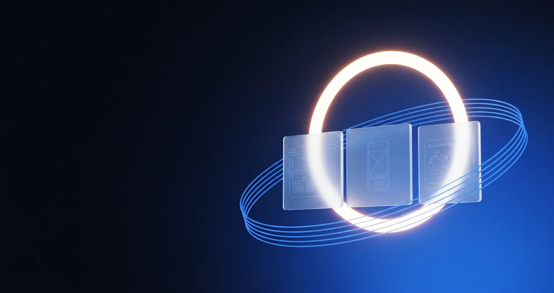 Glass interface screens framed by a glowing ring