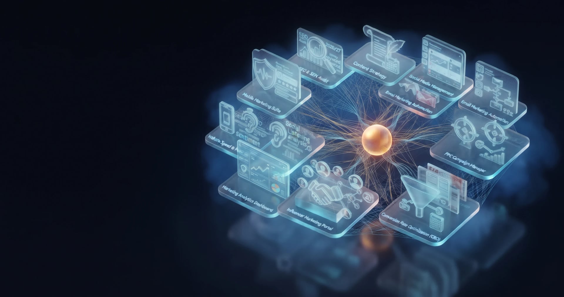 SEO, content and advertising panels arranged around a glowing core