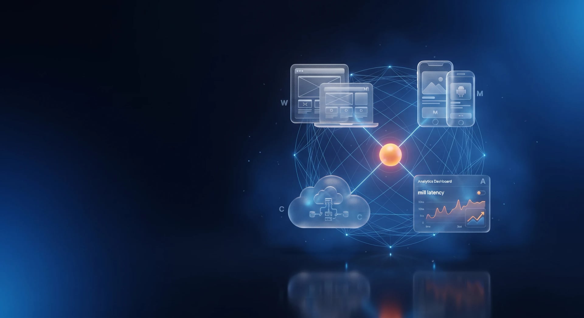 Web, mobile, cloud and analytics panels linked in a glowing network