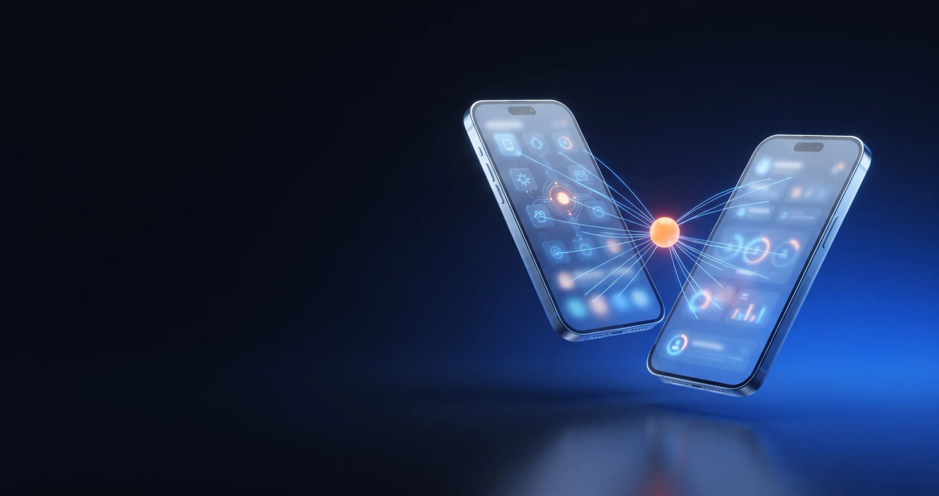 Two glass smartphones linked by light to a glowing orb