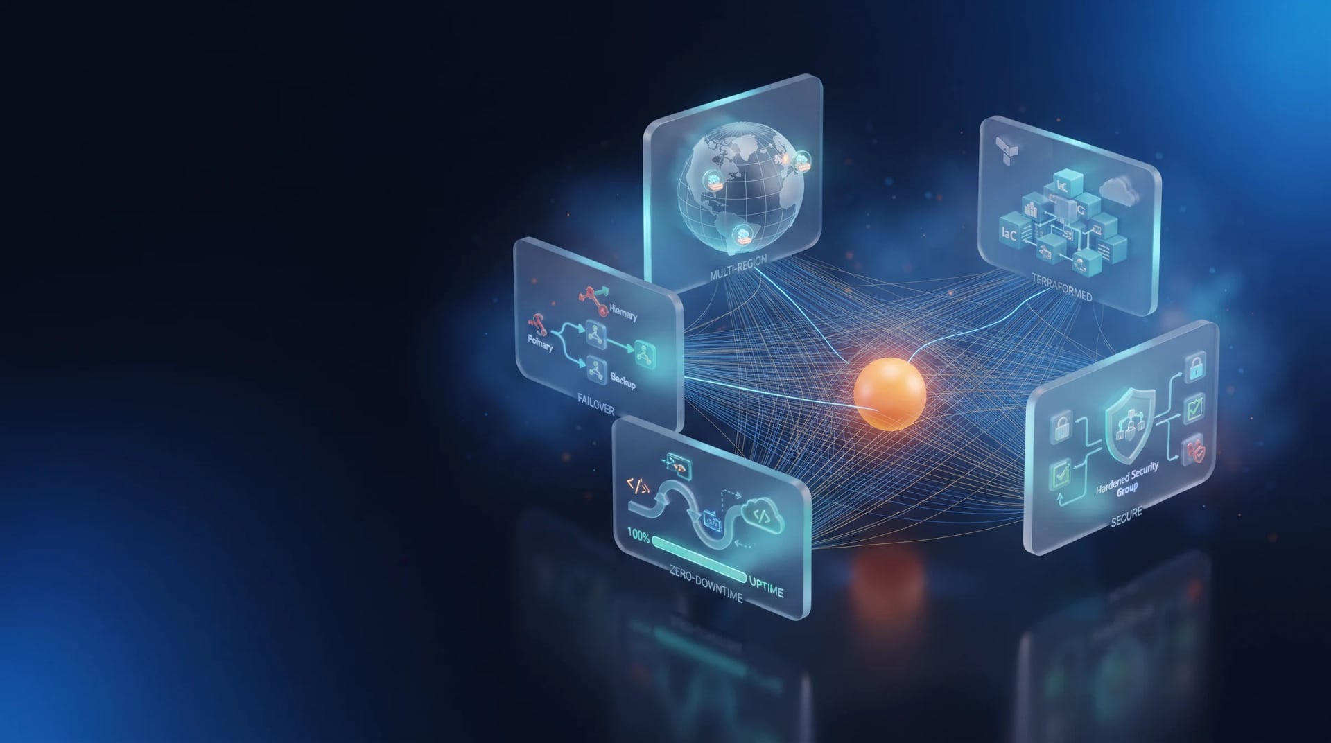 Glass panels for global reach, scaling, security and uptime around a glowing core