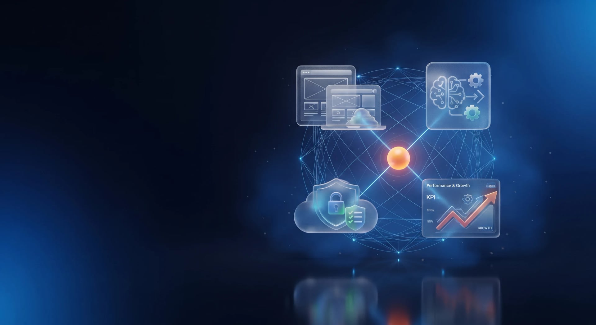 Glass panels for web, AI, cloud security and growth connected to a glowing core