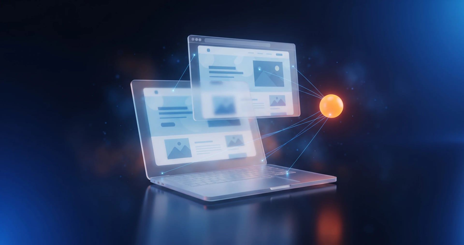 Glass laptop with floating web pages linked to an orange orb