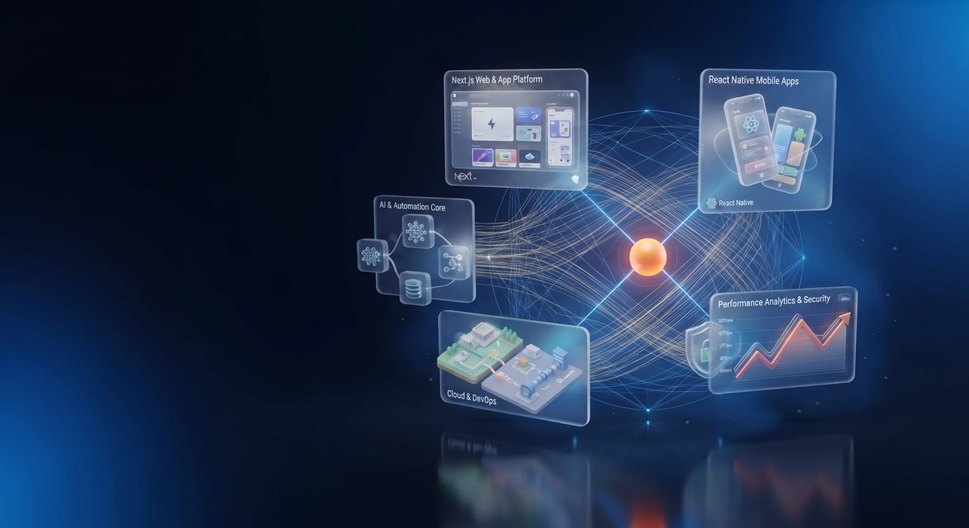 Web platform, mobile app, AI automation and cloud panels connected to a central core